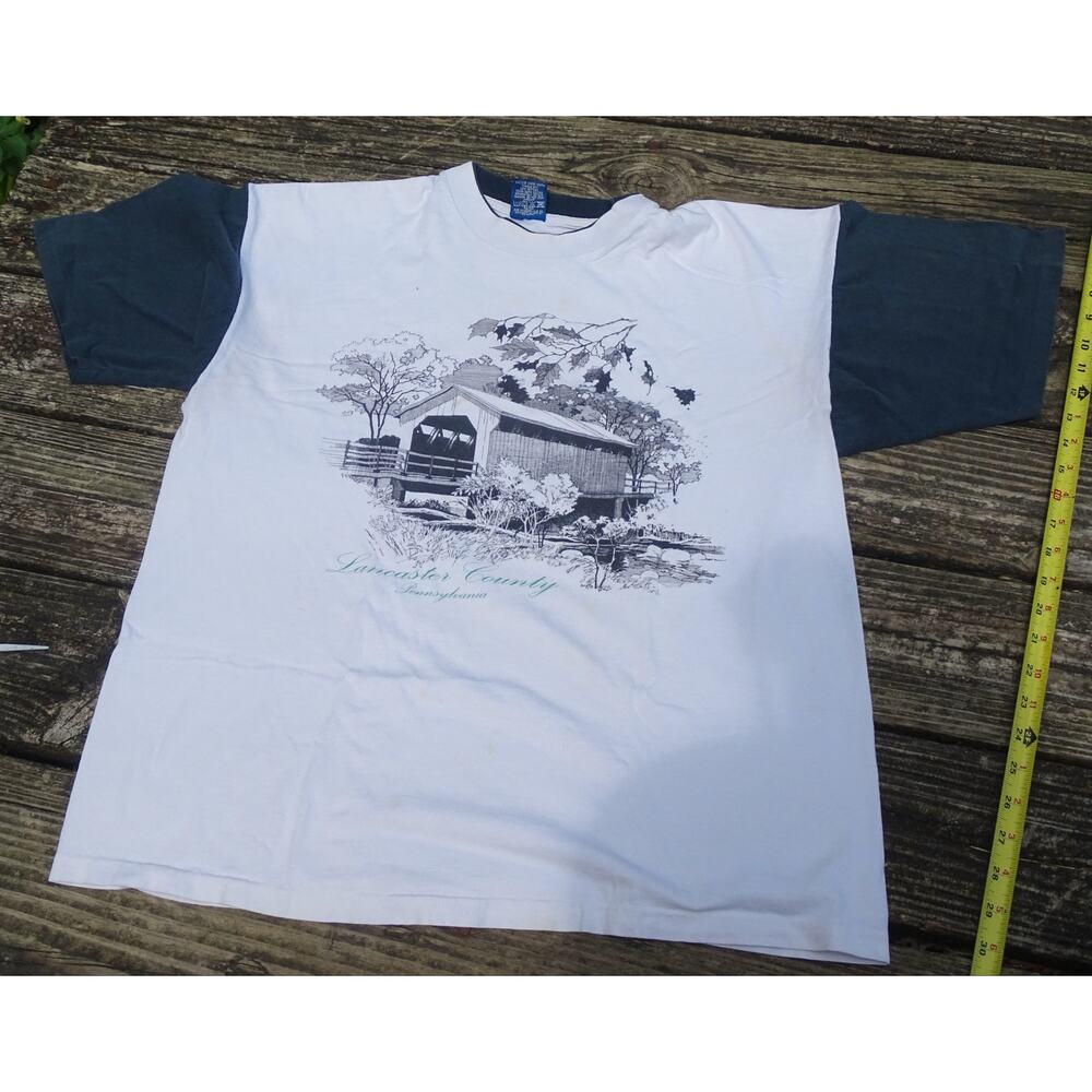 Sz XL Vintage 90s Lancaster County PA Covered Bridge T-Shirt Double Neck Faded